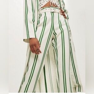 Topshop Women’s Pants 10 Green White Stripe Tapered Leg Linen Viscose